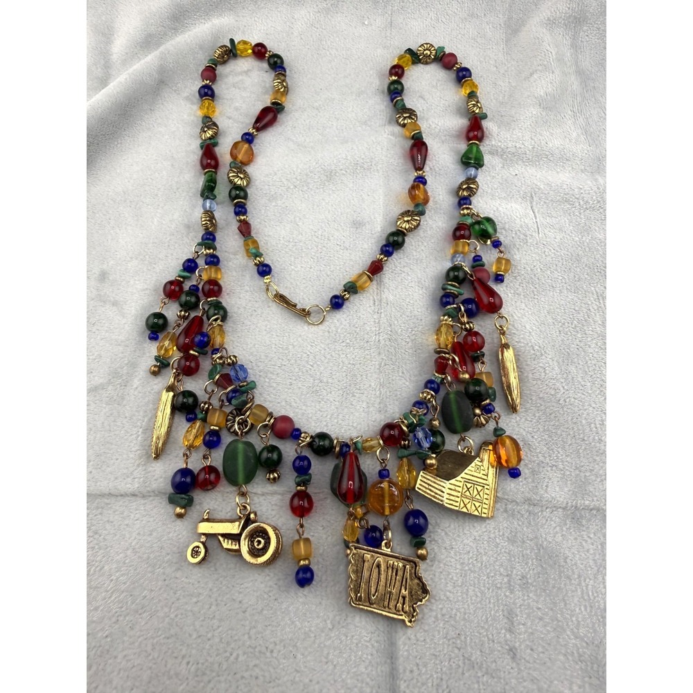 Vintage Beaded Iowa State Fair 150 Years Necklace Blue‎ Green Red Gold Tone 32"